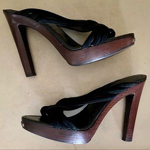 YSL vintage black suede platform sandal heels